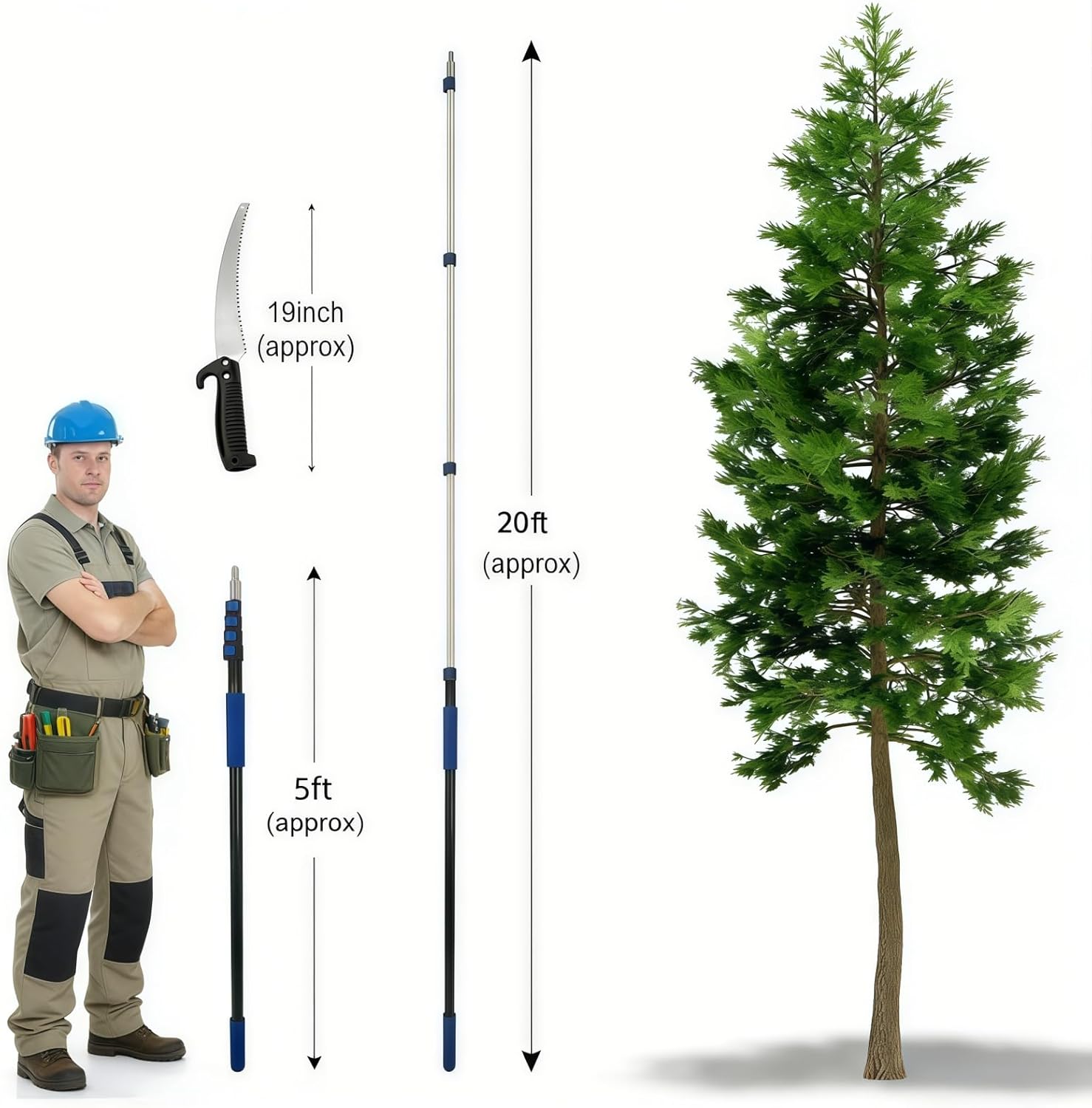 26FT Reach Pole Saws for Tree Trimming with 5-20FT Telescoping Extension Pole, Anti-slip Handle, Manual Pruning Pole Saw with 19" 3X Detachable Saw for Forestry, Yard, Garden, Patios