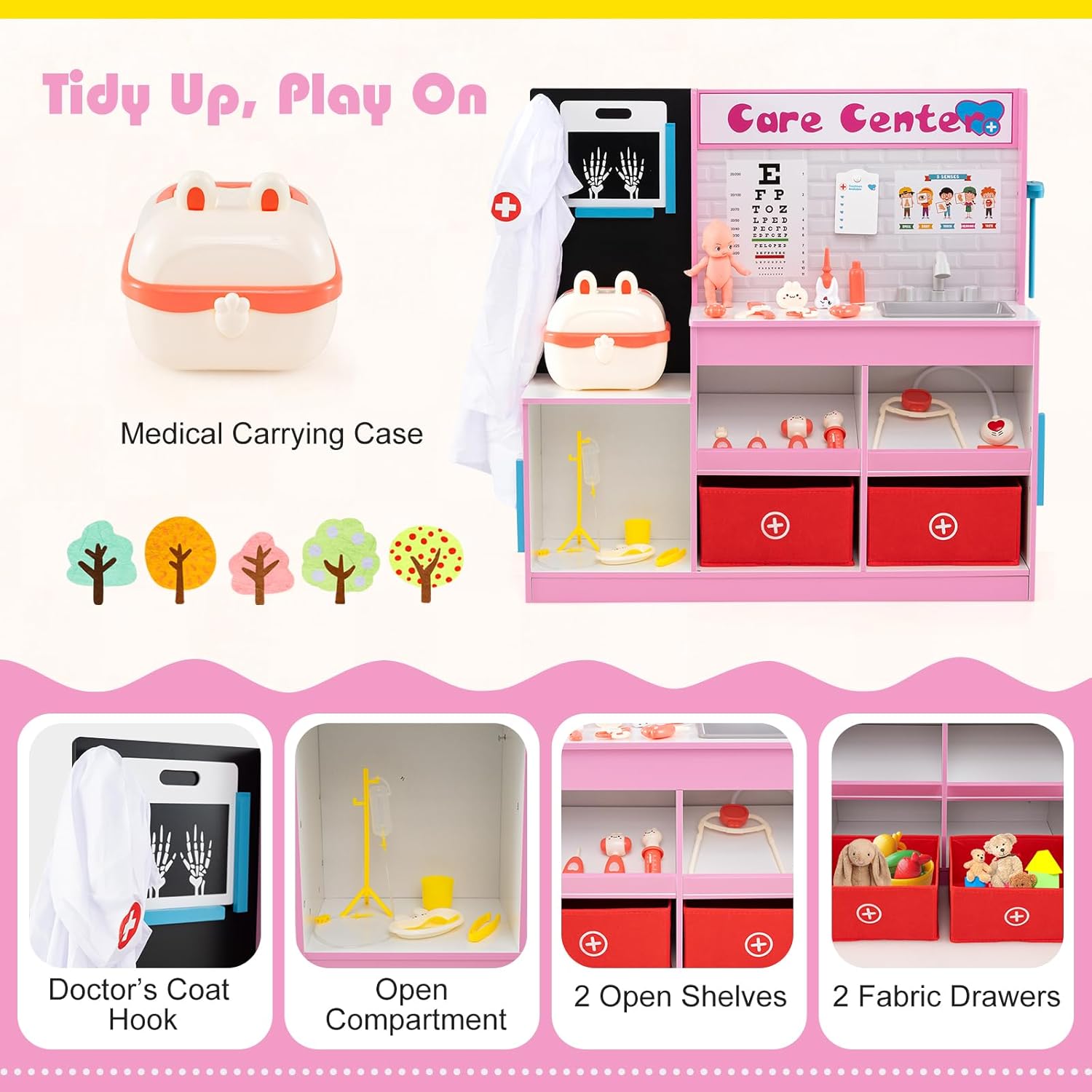 Costzon Kids Wooden Doctor Playset, Medical Activity Center w/ 29 Accessories, Examine Region, X-Ray Film, ECG Monitor, Eye Chart, Faucet & Height Measurer, Pretend Hospital & Vet Playset (Pink)