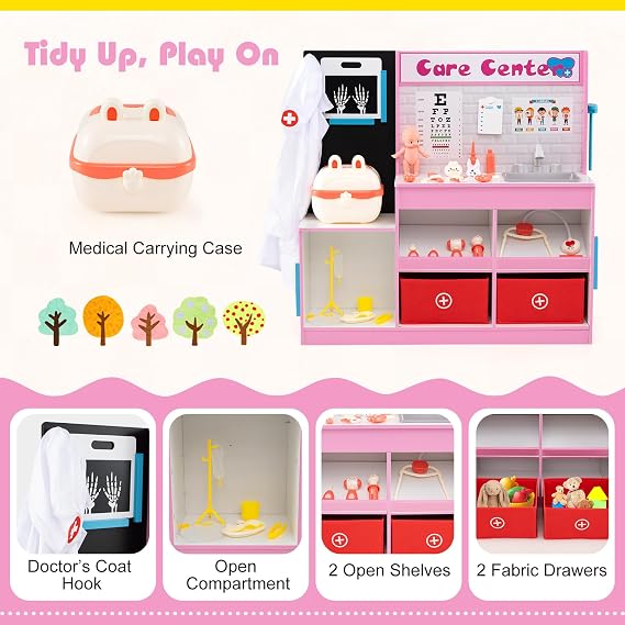 Costzon Kids Wooden Doctor Playset, Medical Activity Center w/ 29 Accessories, Examine Region, X-Ray Film, ECG Monitor, Eye Chart, Faucet & Height Measurer, Pretend Hospital & Vet Playset (Pink)