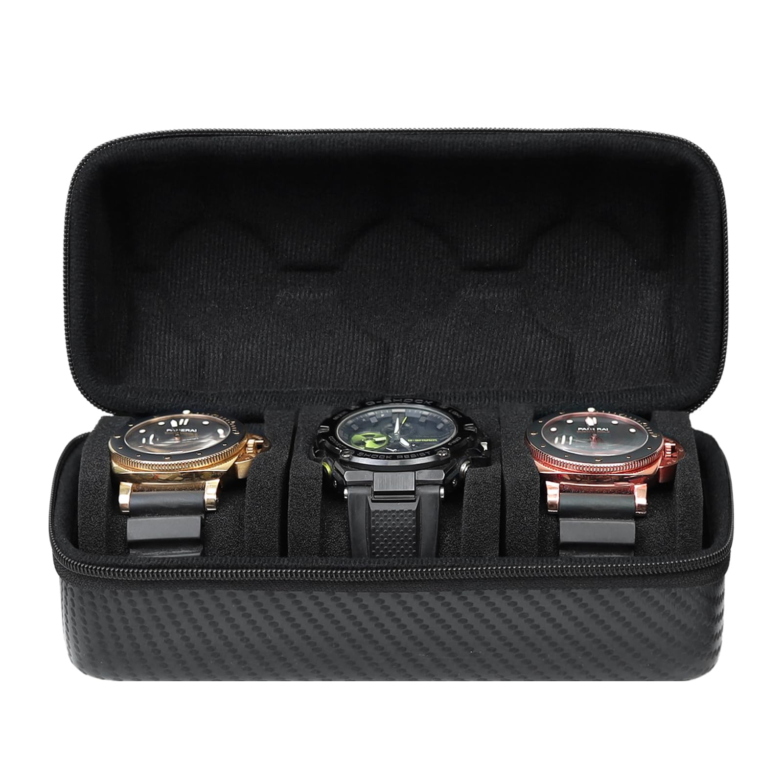 Custodia da viaggio per orologi, 3 scomparti, organizer rigido per orologi con cuscini rimovibili antiurto (nero)