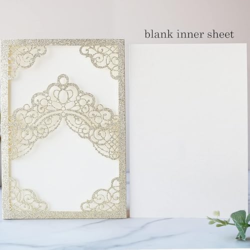 Miniatura 2 de Hosmsua 50 piezas de 5.1 x 7.3 pulgadas en blanco champán con purpurina kit de invitaciones de quinceañera corte láser corona floral bolsillo