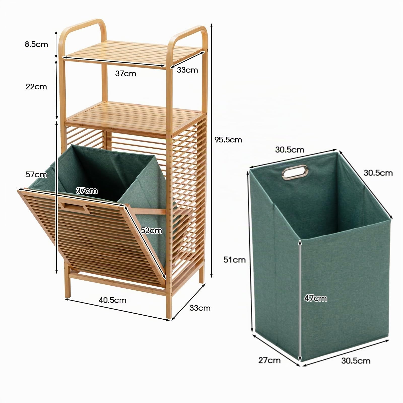 LIFEZEAL Mobile Biancheria Sporca e Mobiletto Bagno, Lavanderia, Cesto Portabiancheria a 1 Scomparto, con Sacco Rimovibile, Cesta Estraibile, Telaio in Bambù, Piano Portaoggetti, 40,5x33x95,5cm