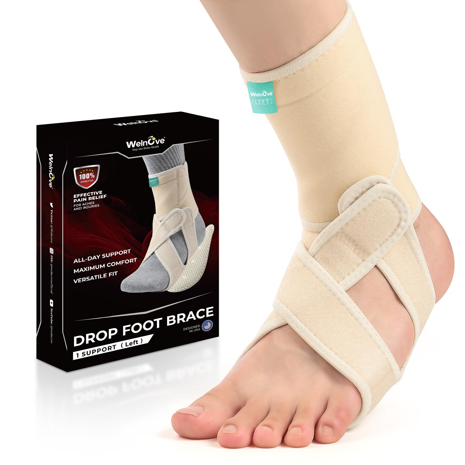 Photo 1 of Welnove Drop Foot Brace with Arch Support, AFO Ankle Brace for Walking, Relieves Instability of Lower Limbs by Foot Drop, MS, TBI, Spinal Cord Injury, Cerebral Palsy (Left, Beige)