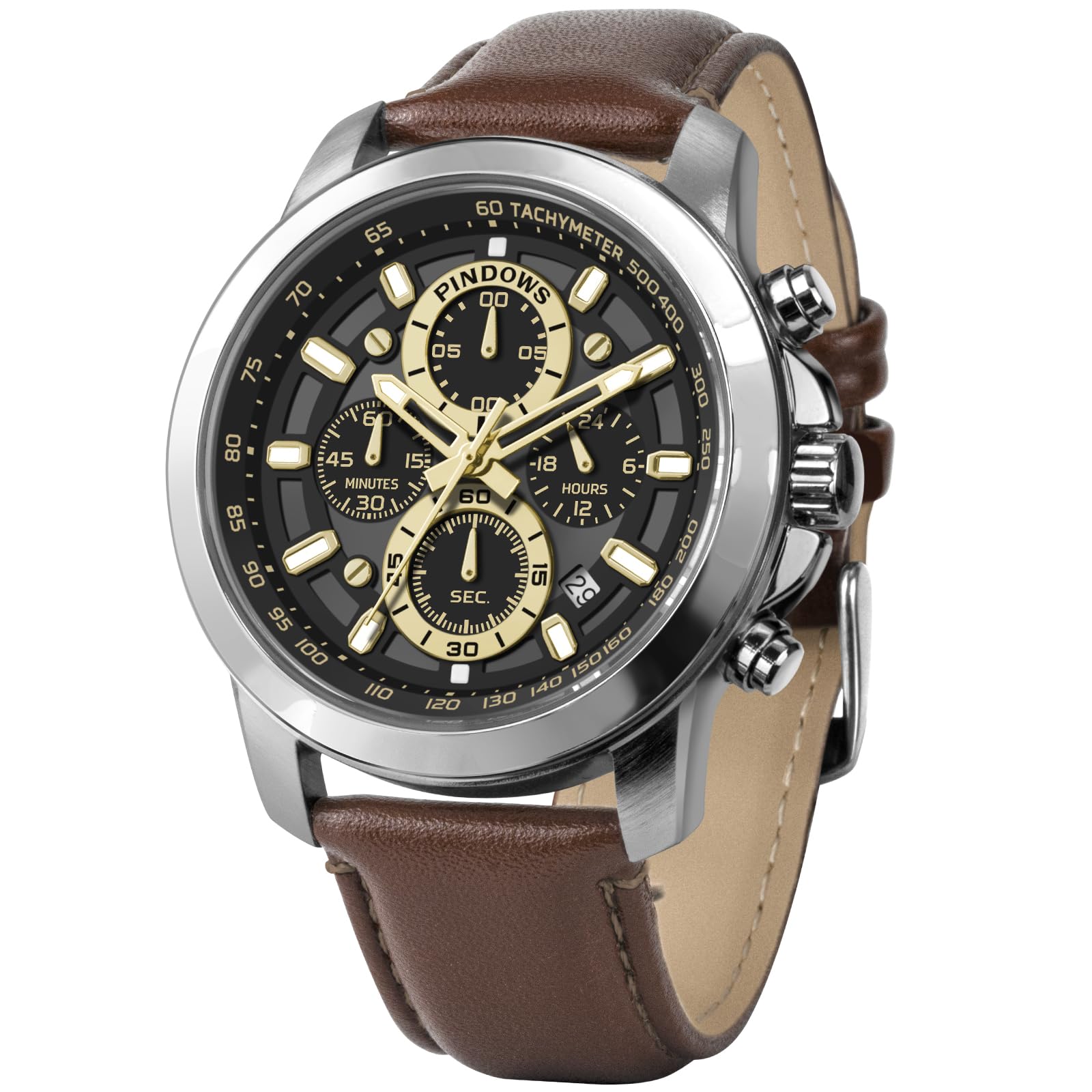 PINDOWS Orologio da uomo analogico al quarzo cronografo impermeabile luminoso orologio da polso con cinturino in pelle nero marrone per abbigliamento business e casual