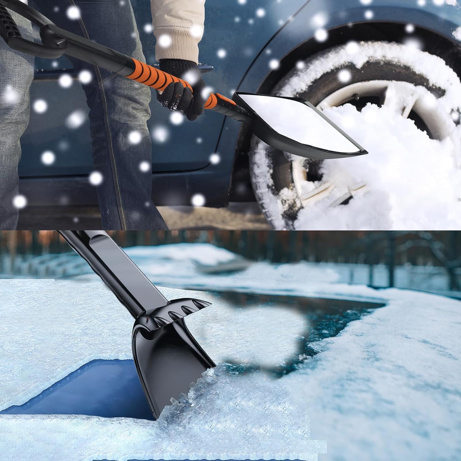 Pelle a Neige Pliable Ensemble Kit Déneigement Auto, AIOMEST Dégivreur et Grattoir à Glace pour Pare-Brise, Balai de Neige Extensible 106cm avec Raclette Enlever la Neige pour Voiture, Camion, SUV