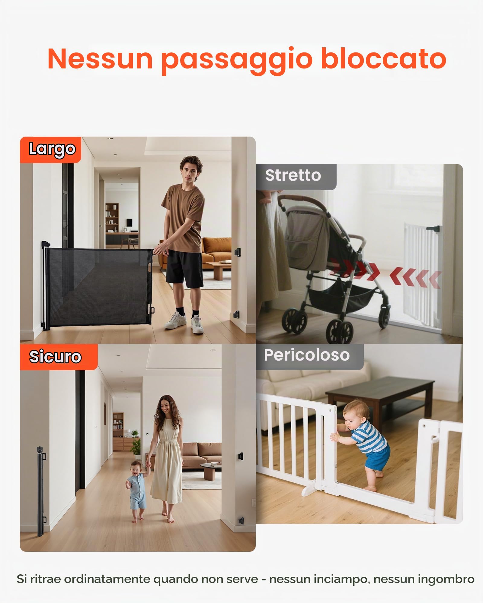 VEVOR Cancelletto Retrattile, Estensibile Fino a 1430 mm di Larghezza, 795 mm di Altezza, con Blocco di Sicurezza, Attraversabile Senza Inciampare, Cancelletto in Rete per Cani Scale, Nero