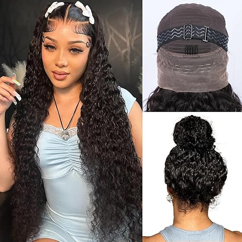Hidden Strap Water Wave 360 Glueless Wigs Human Hair Pre Plucked Pre Bleached Human Hair Wig With Drawstring 220 Density Wet and Wavy HD Full Lace Front Wigs Human Hair 26 inch