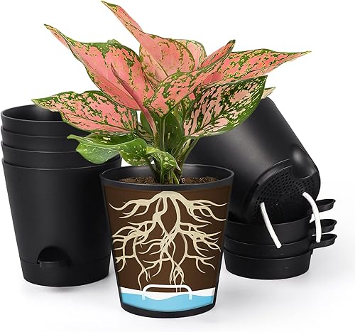 Macetas de riego automático de 8 pulgadas para interiores, paquete de 6 macetas de plástico con agujeros de drenaje, color negro