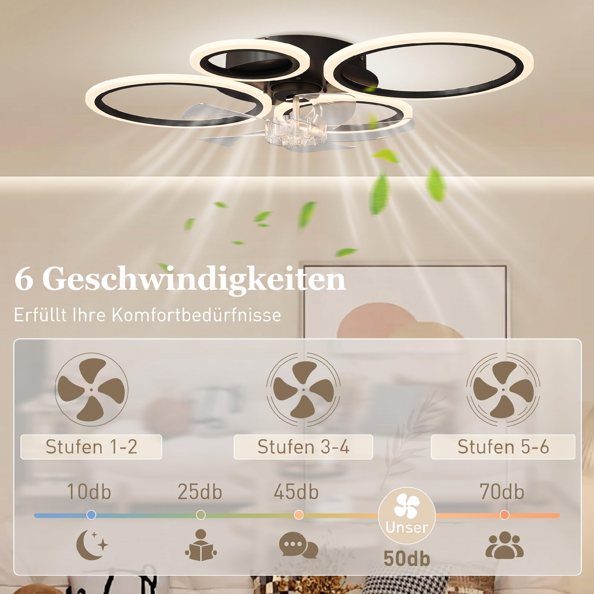 HOMCOM LED Deckenleuchte mit Ventilator 77 cm mit Fernbedienung Schwarz | Leise Deckenventilator mit Beleuchtung, 6 Geschwindigkeiten, 3 Farbtemperaturen, DC Motor, Timer, für Wohnzimmer