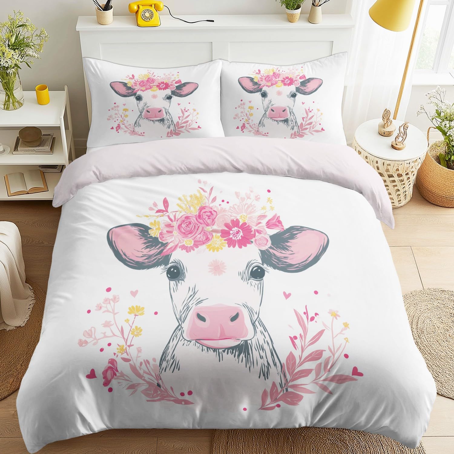 Housse de couette 240x260 anti-plis en microfibre douce motif vache