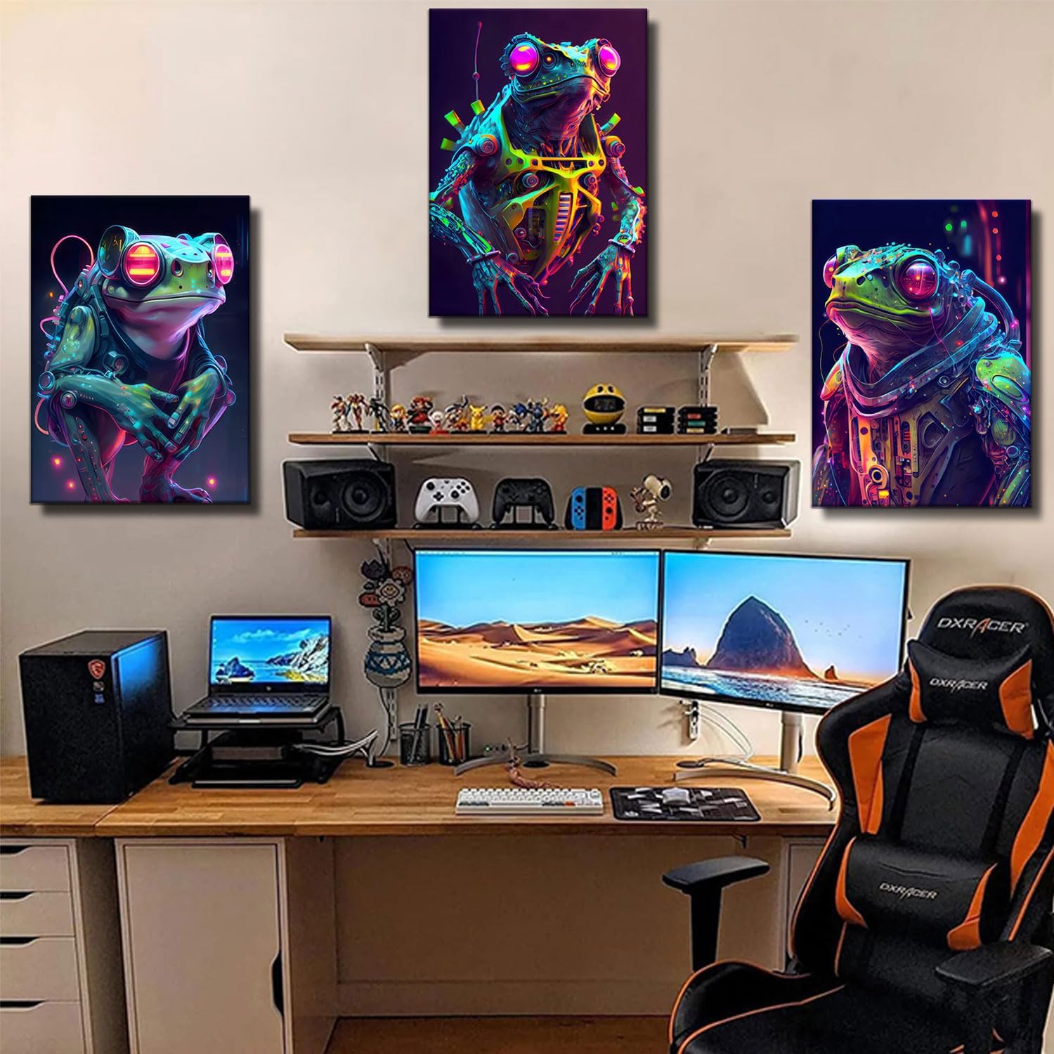 Framed Video Game Decor Set of 3 Boys Room Canvas Wall Art for Bedroom Gaming Playroom Cyberpunk Frog Soldier Canvas Wall Art Framed Prints for Boys' Gaming Room Decor - Ready to Hang (12x16x3)