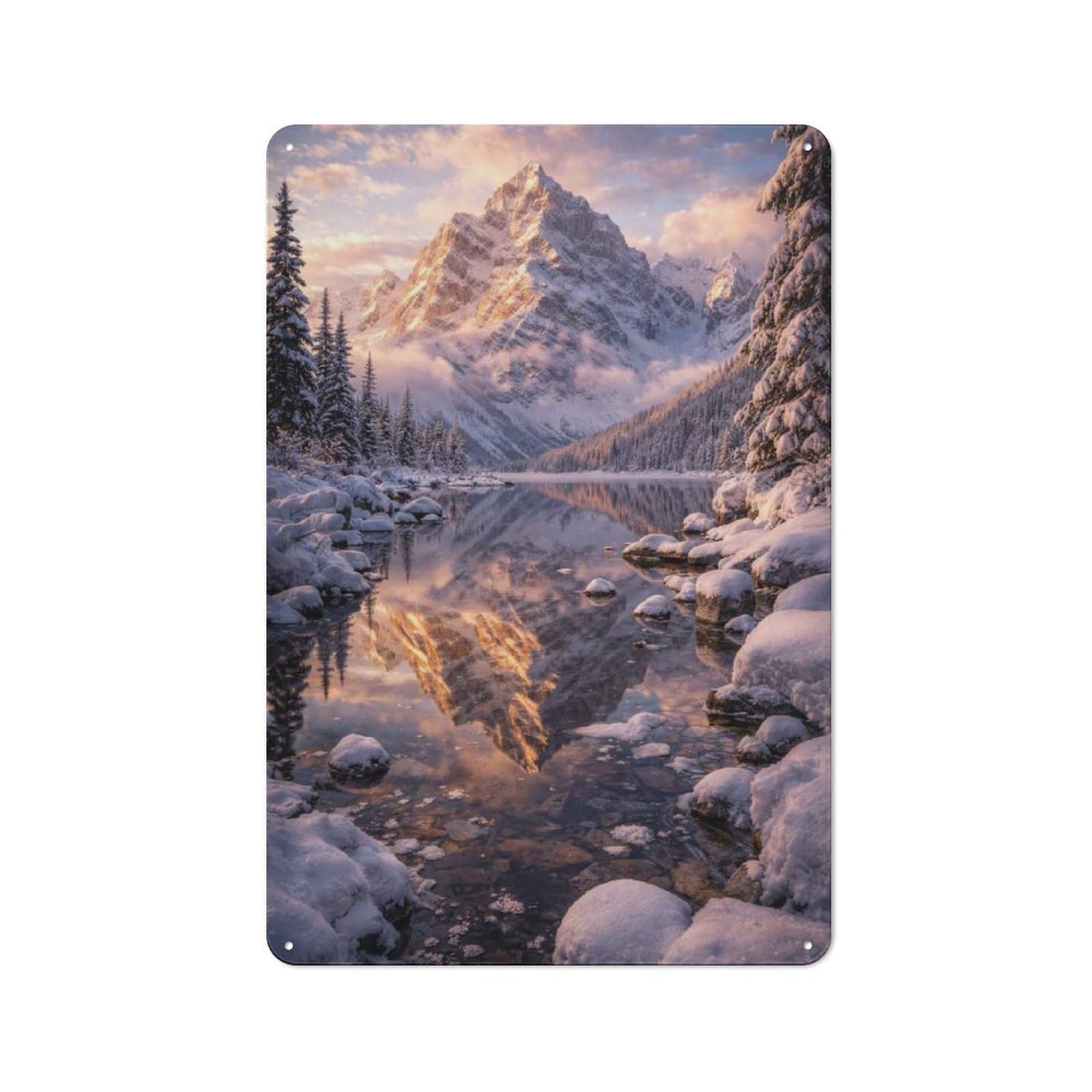 Junmoney Style-13 Tin Wall Plaque 30X20cm With Snowy Mountain Reflection At Sunrise For Bar Or Restaurant, For Hospitality Decor Collectors