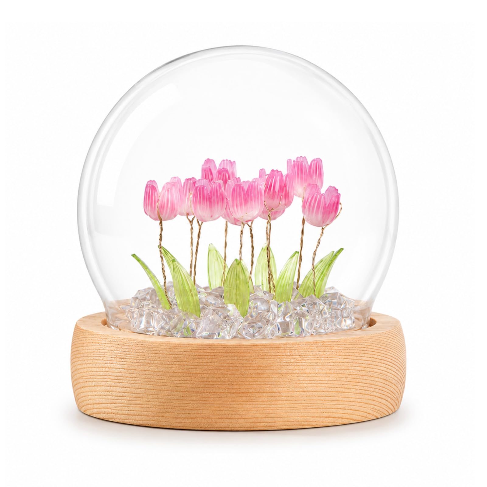 BREEZENEST Tulip Night Light 10 Flowers with Wood Grain Base & Glass Dome Fairy Lights for Bedroom Living Room Decor Cute Romantic Gifts for Birthday Mother's Day Christmas Pink — image 1