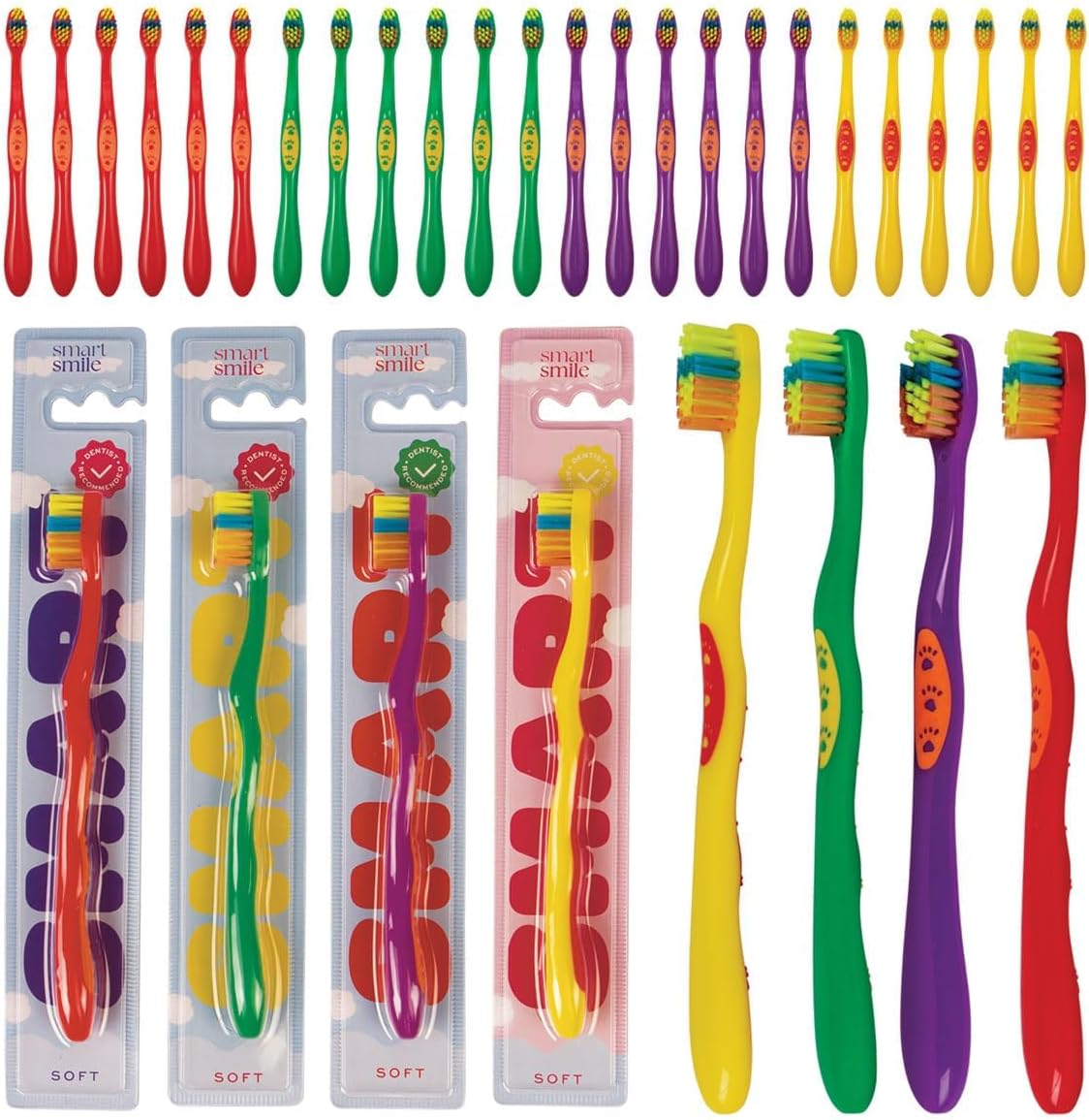 SmartSmile 72 Pcs Bulk Kids Toothbrushes Individually Wrapped - Assorted Colors with Animal Paw Prints - Popular Dental Office Patient 21-542