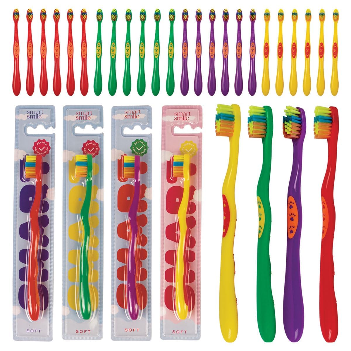 SmartSmile 72 Pcs Bulk Kids Toothbrushes Individually Wrapped - Assorted Colors with Animal Paw Prints - Popular Dental Office Patient 21-542
