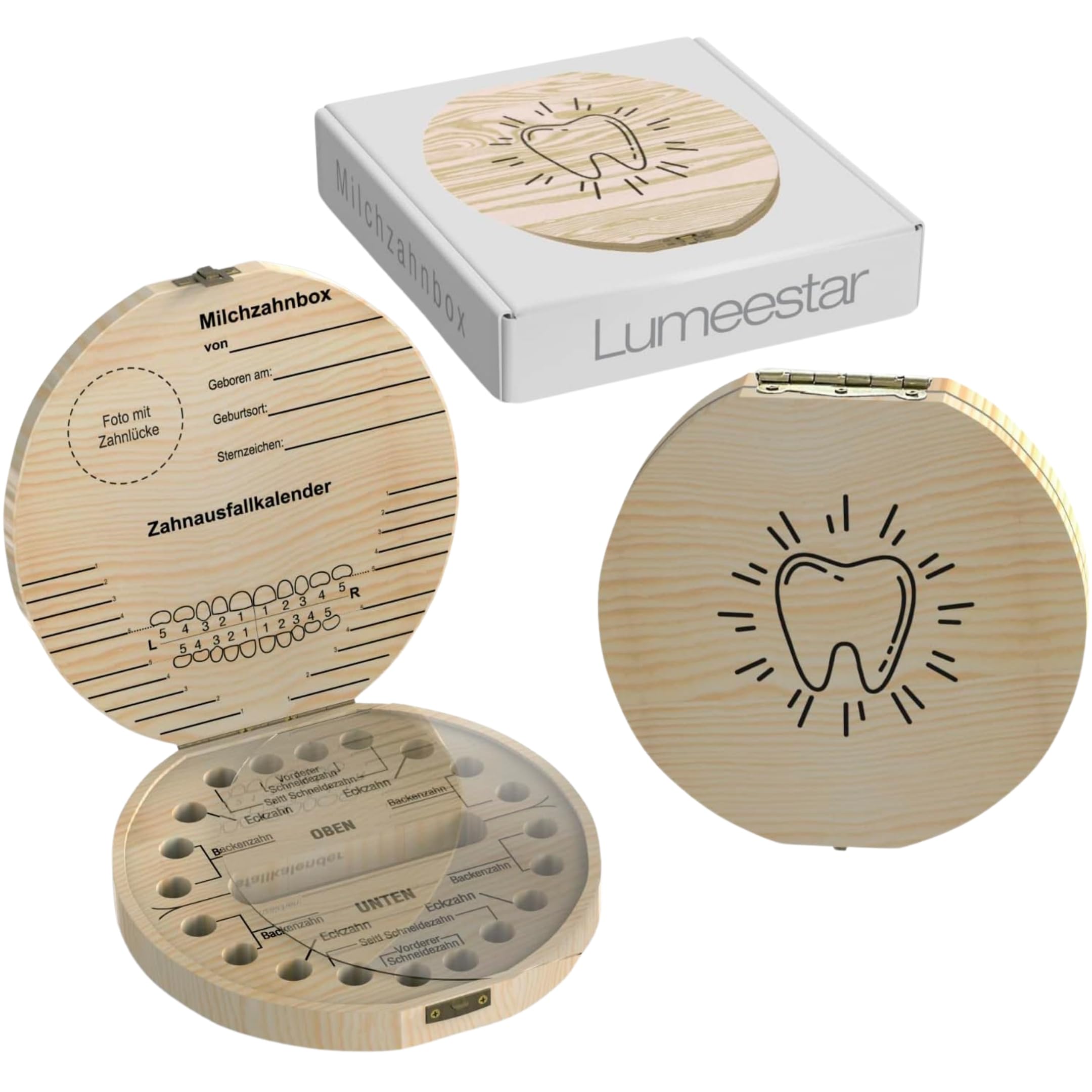 LumeeStar® Zahndose Milchzähne mit Namen zum Aufstellen | Zahnbox für Milchzähne Junge & Mädchen mit Display Funktion | Erinnerungsbox Baby Geschenke zur Geburt | Holz