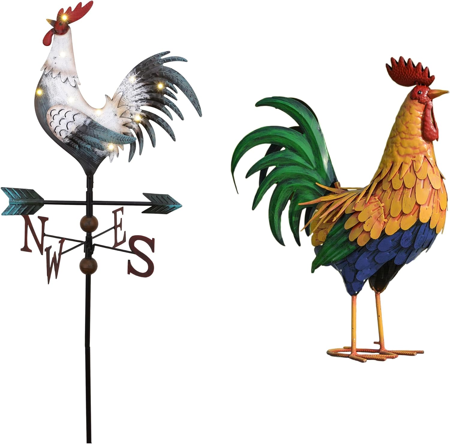 TERESA'S COLLECTIONS Garden Decor with Solar Outdoor Lights, White Rooster Yard Art Sign for Outside, 39.4'' Metal Weathervane Decorative Garden Stake for Outdoor Decor, Lawn, Gifts for Mothers Day