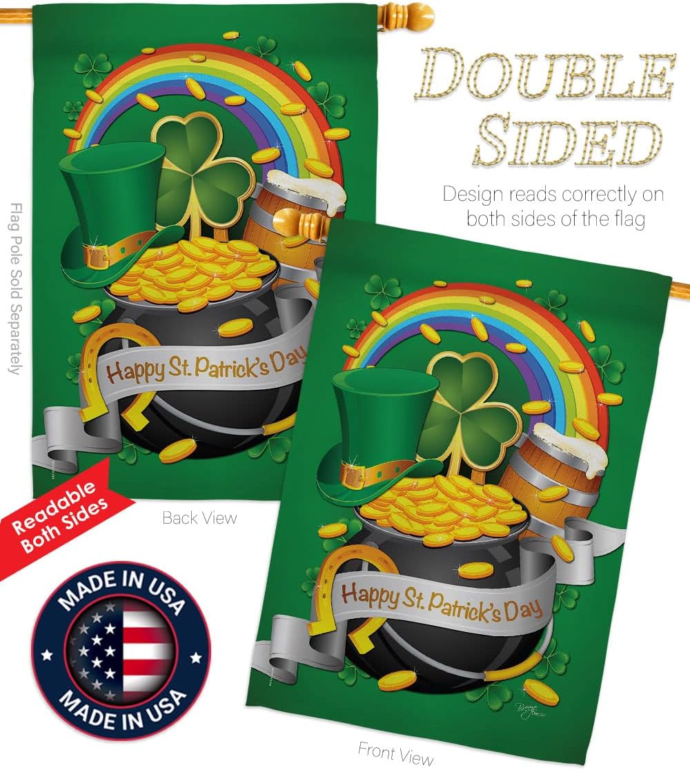 Breeze Decor SA-H-102027-IP Springtime Shamrock Leprechaun Lucky Coin Holiday March Irish Clover Happy St. Patrick's Day, House Flag 28" x 40", Thick Fabric