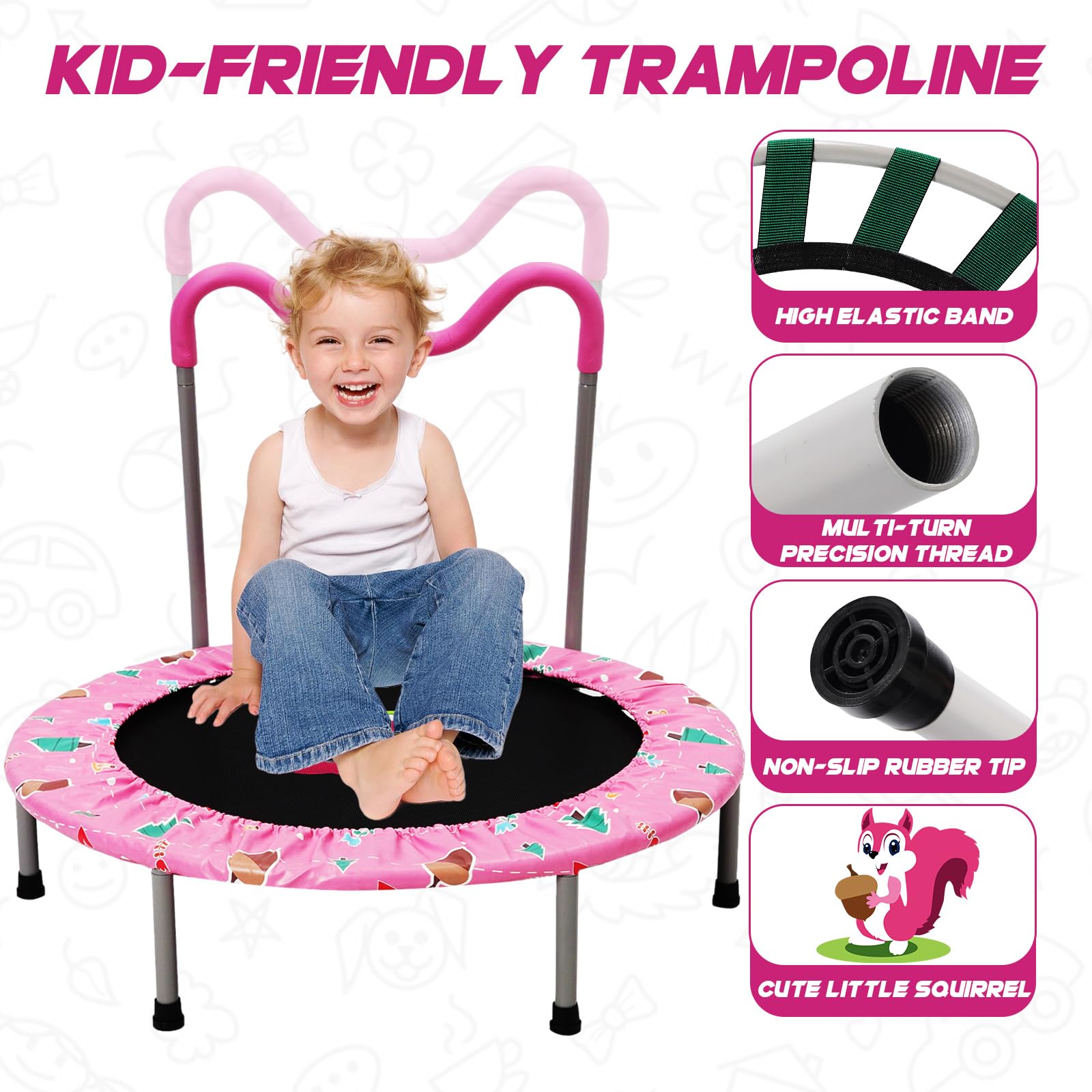 Hüpftrampolin für Kinder mit Schaumstoffgriffen, Kindertrampolin mit verstellbaren Griffen, Klapptrampolin für drinnen und draußen, Fitnesstrampolin für Kinder ab 3 Jahren (Pink)