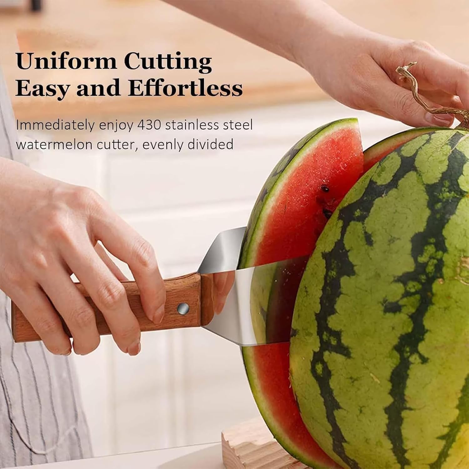 Triangle Watermelon Cutter, Stainless Steel Watermelon Slicer, Stainless Steel with Wooden Handle for A Wide Variety Watermelon, Cantaloupe, Honeydew, Apples, and More