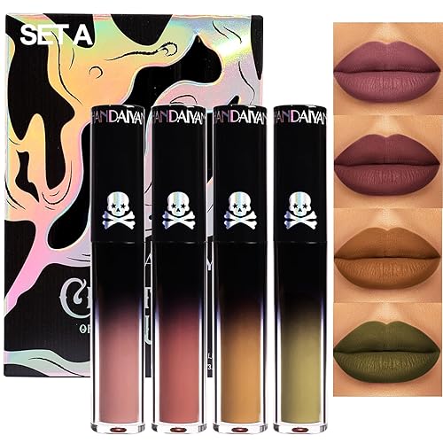 Aseawave Juego de 4 pintalabios líquidos mate, violeta rojo, rojo vino, amarillo dalia, verde helecho, brillo de labios de larga duración, juego de