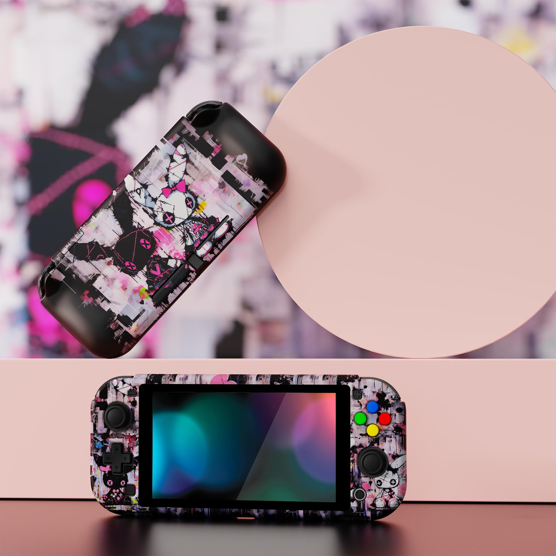 PlayVital ZealProtect Protective Case for Nintendo Switch Lite, Hard Shell Ergonomic Grip Cover for Nintendo Switch Lite w/Screen Protector & Thumb Grip Caps & Button Cap - Lovely Punky Bunny - 3