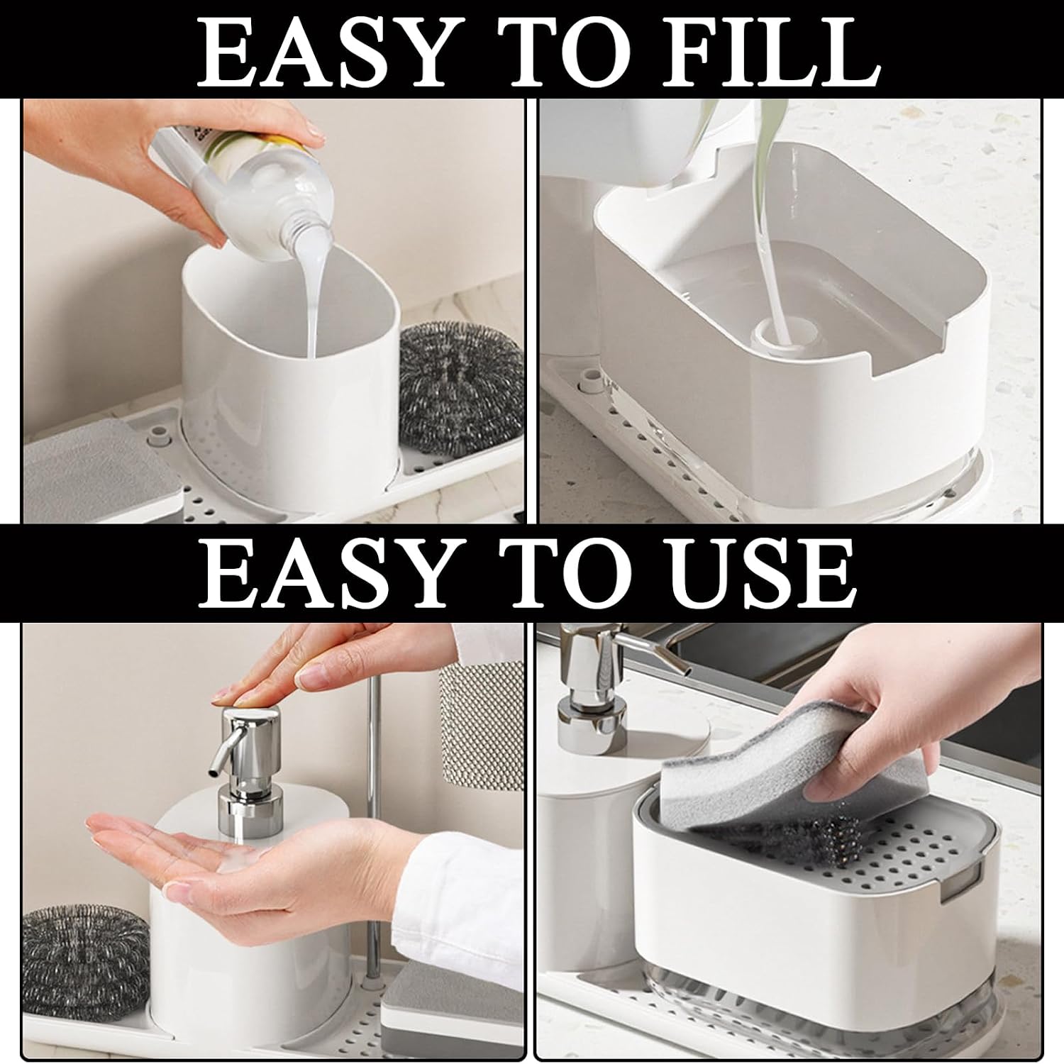 Kitchen Soap Dispenser Set with Tray, 4-in-1 Dual Hand and Dish Soap Dispenser with Sponge Holder for Kitchen Sink, Practical Kitchen Gadgets (White)