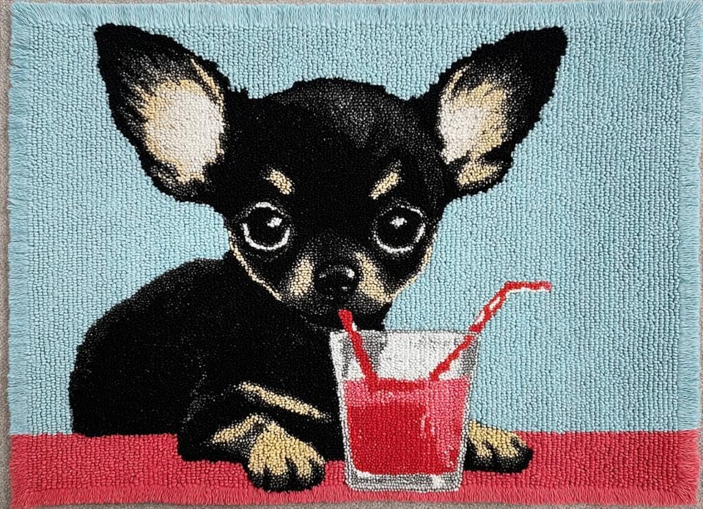 Latch Hook Rug Kit Black Chihuahua Dog Drink Juice Tapestry 52x38cm-3