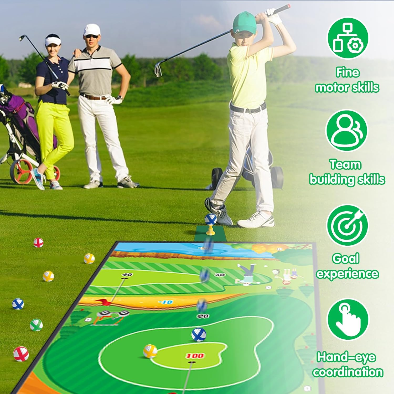 VOPOGLNE 4 in 1 Golf Bow and Arrow Game Mat Set for Kids, Bow and Arrow for Kids with Target, Indoor Golf Games Chipping, Golf Club, 20 Sticky Balls, Toy Bow, 6 Felt Arrows,Outdoor Toys