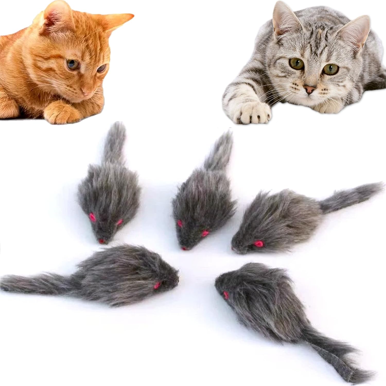 Cat Toys, 5 Pack Faux Fur Mouse Toys, Interactive Cat Toy 6.3” Realistic Size Grey Furry Rattle Mouse Without Catnip Kitten Cat Toy for Bored Indoor Adult Cat, Kitten Interactive Play