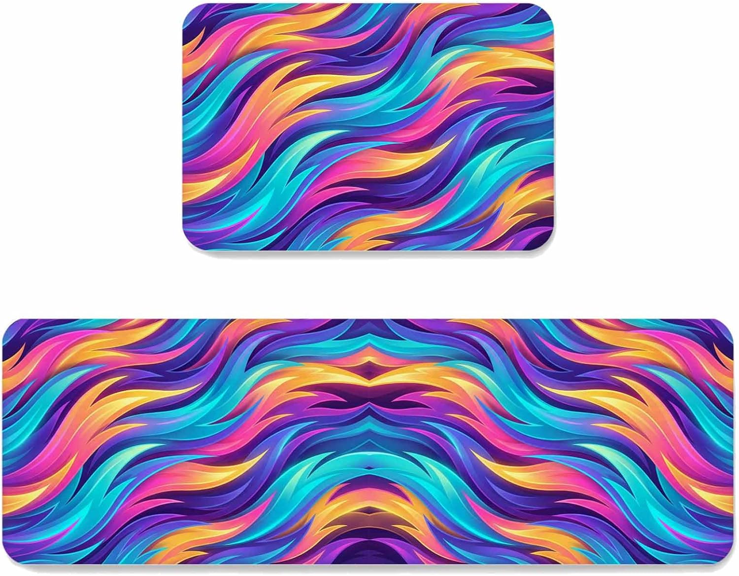 Prime Leader Abstract Gradient Art Kitchen Mat Set 2 Pieces Blue Purple Yellow Ombre Feather Texture Non Slip Kitchen Rugs Washable Runner Rug Mats for Sink Laundry (15.7" x 23.6"+15.7" x 47.2")