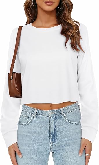 Womens Long Sleeve Crop Tops Crewneck Cropped T Shirts Loose Fit Basic Tees