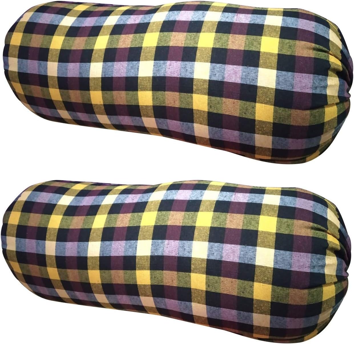 ATOOTFUSION Round Cotton Medium Hard Bolster Checked Multicolor Bolster Pillows | Round Bolster Pillow Dewan Set- Set Of 2 Pcs (13X30-Inches) Multicolor (Hosiery Hard Bolster Set)