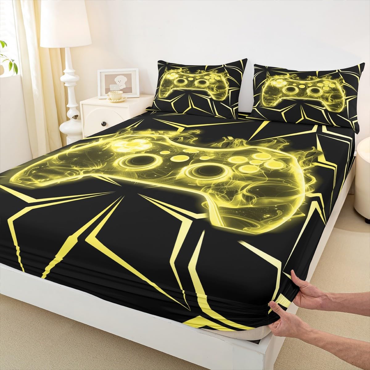 Gamer Fitted Sheet Queen Size Yellow Neon Lines Gamepad Gaming Bedding Set Cool Video Games Sheet Set,Burning Fire Bed Cover Ultra Soft Breathable Bedspread 3 Pcs for Kids Teens Boys