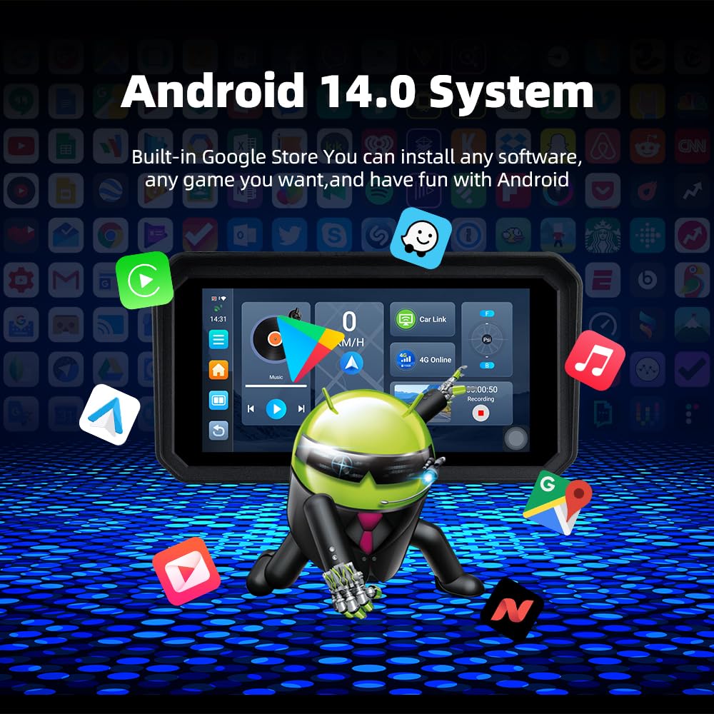 6" Android Moto CarPlay Display, 4G SIM App, Doppia 1080P Dash Cam | TPMS, Navigatore GPS Impermeabile IP67, Download App 4G, Supporto Magnetico, TPMS Pressione Pneumatici & Telecomando Manubrio