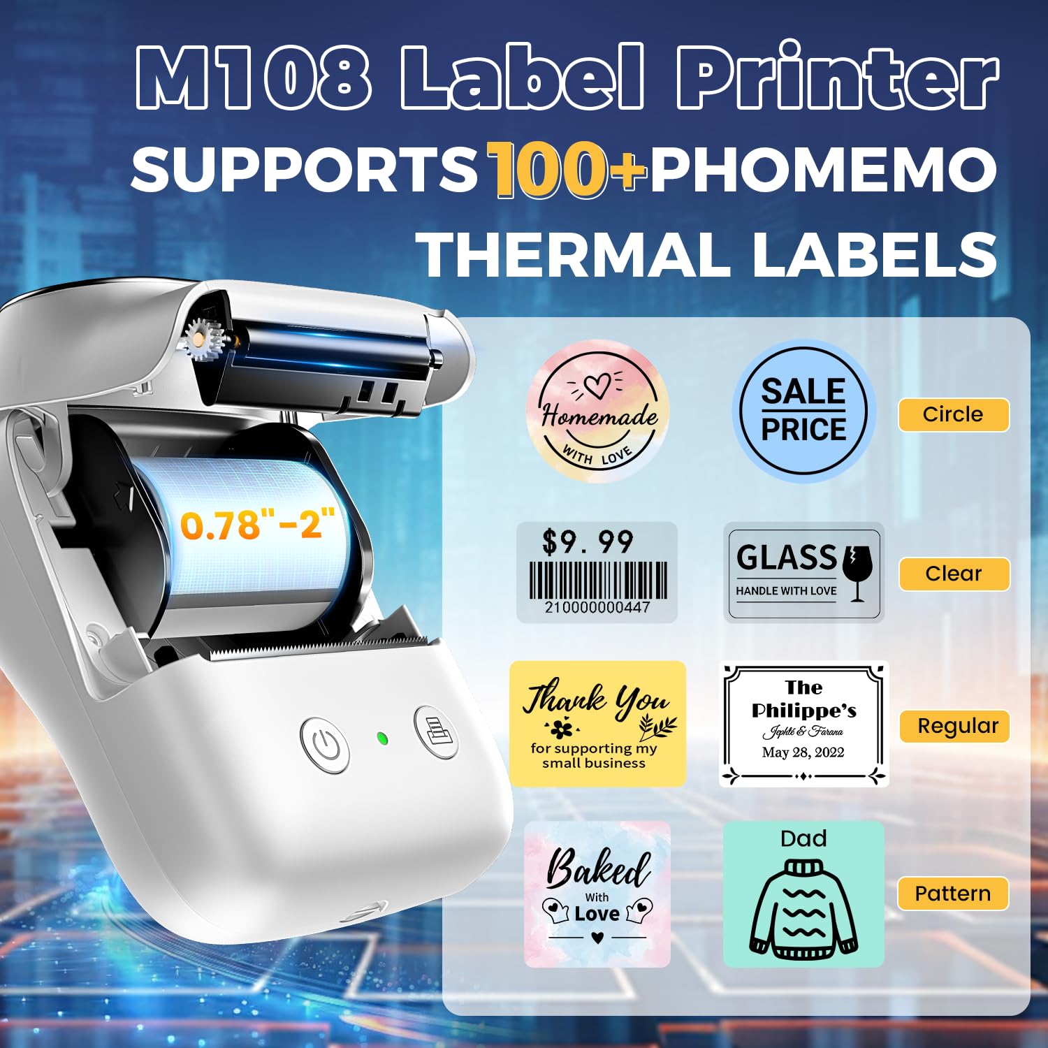 Phomemo M108 Étiqueteuse avec 7 Rouleau d'étiquette, imprimante Etiquette autocollante Bluetooth Thermique Portable, Utilisé au Bureau,Code à Barres,Petite Entreprise,Magasin