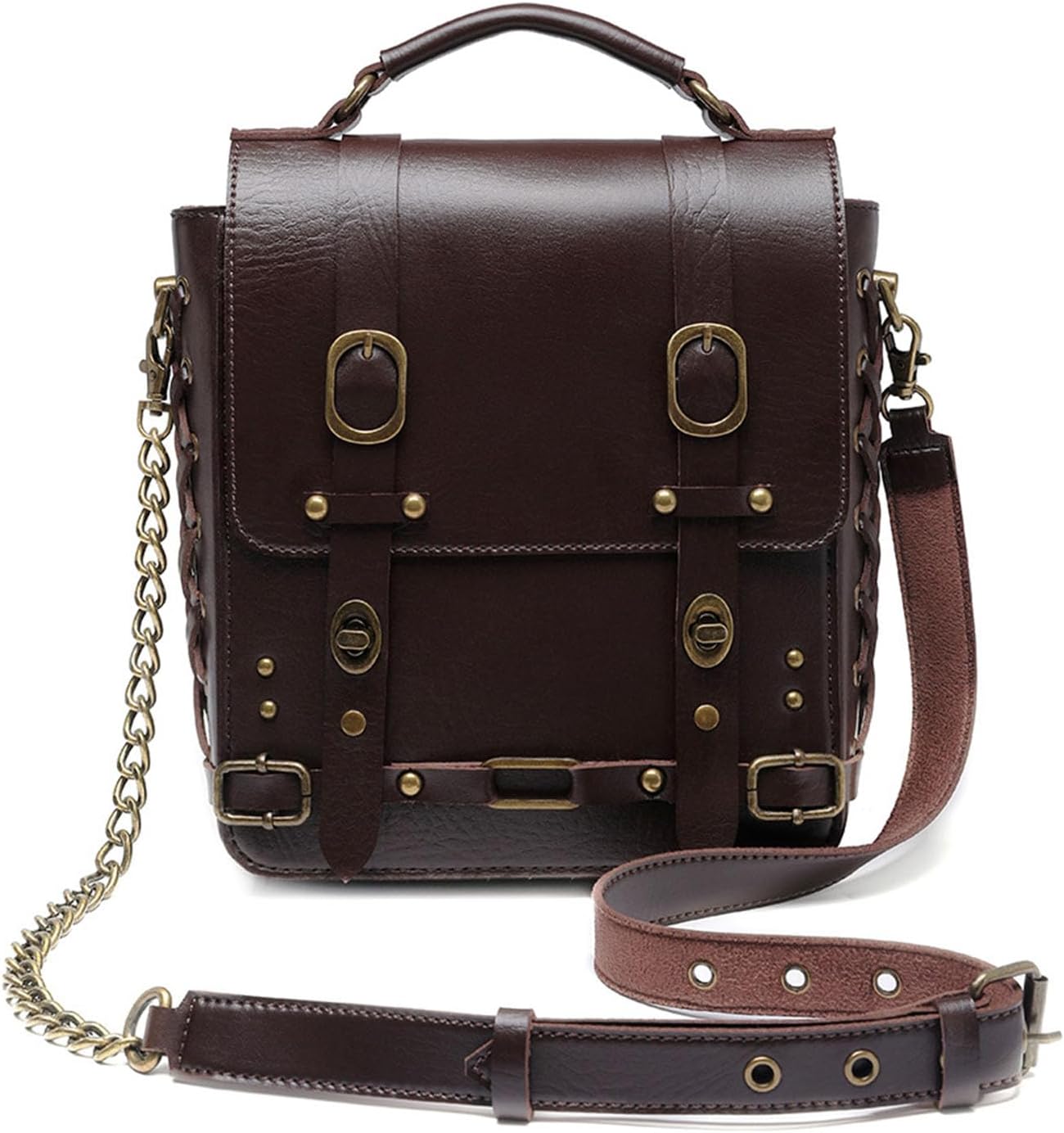 [Oxtxuzdm] 女性用のビンテージショルダークロスボディバッグPUレザーバックパック女性レトロトップハンドル旅行ファッションメ