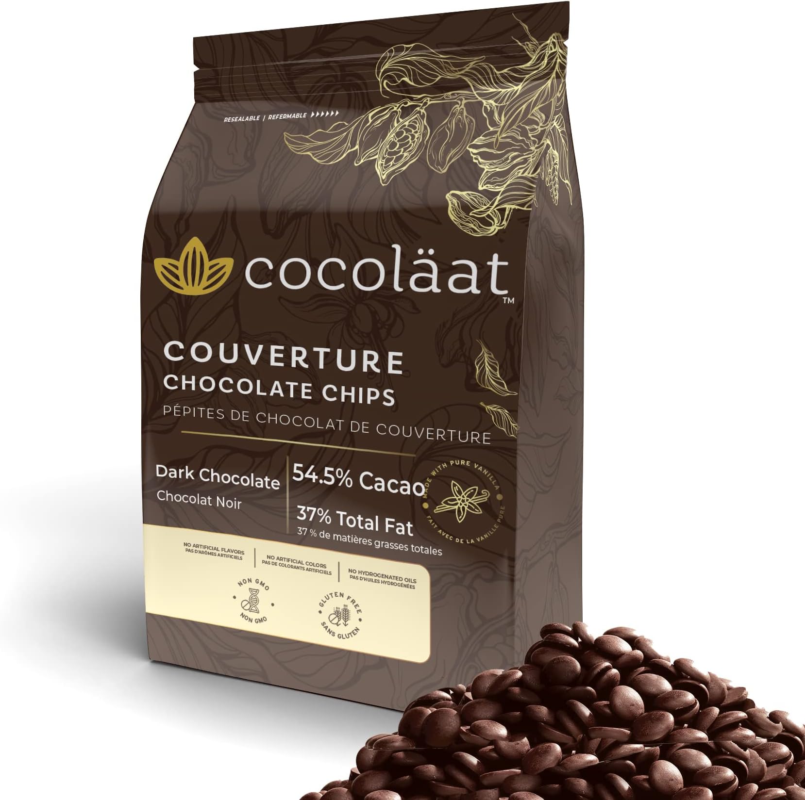Cocoläat - Dark Couverture Chocolate Chips | 54.5% Cocoa | Resealable Stand Up Pouch | 5 lb