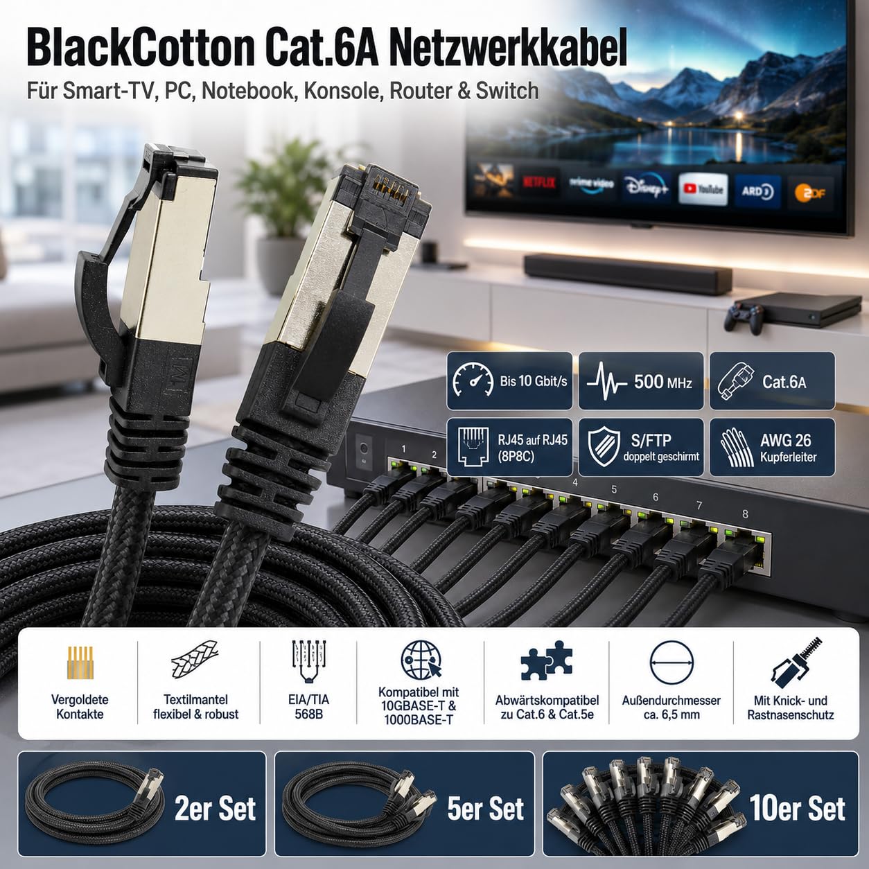 1aTTack.de 7,5 m – Cable de red negro de algodón CAT 6a – 5 unidades cable de red de tejido de algodón Cat 6 a cable Rj 45 LAN Ethernet 500 Mhz 10 Gb s – 5 x 7,5 m