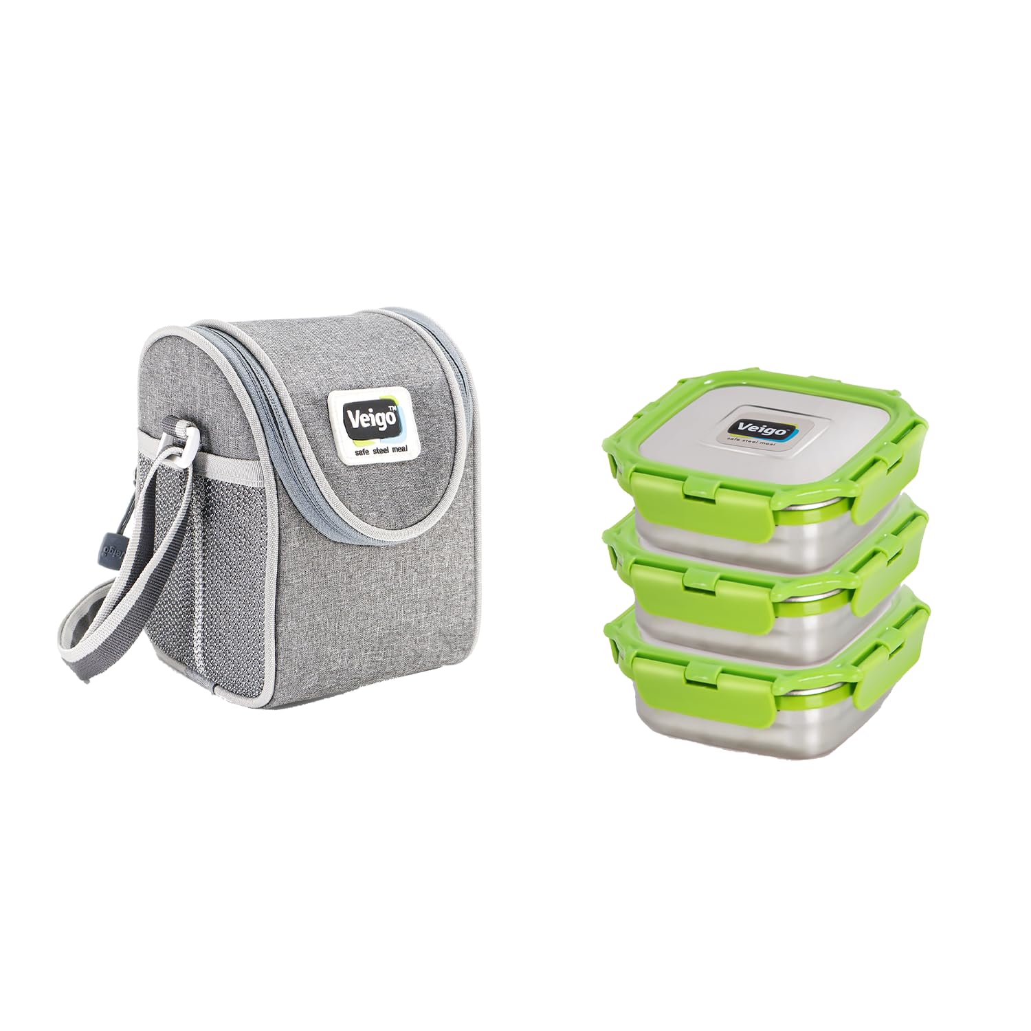 Veigo Stainless Steel Medium Snack Box Set of 3( 330 ml + 330 ml+ 330 ml)with Insulated Pouch | Airtight & Leakproof| Freezer & Dishwasher Safe| Snacks Box For School|Silicone Ring|Safe Lid Lock|Green
