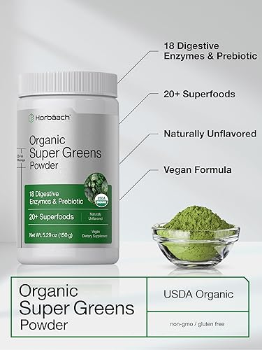 Miniatura 4 de Horbäach Organic Greens Powder  5.29 oz Supplement  with 20+ Superfoods, 18 Digestive Enzymes, and Prebiotics  Relieves Occasional Gas, Discomfort &