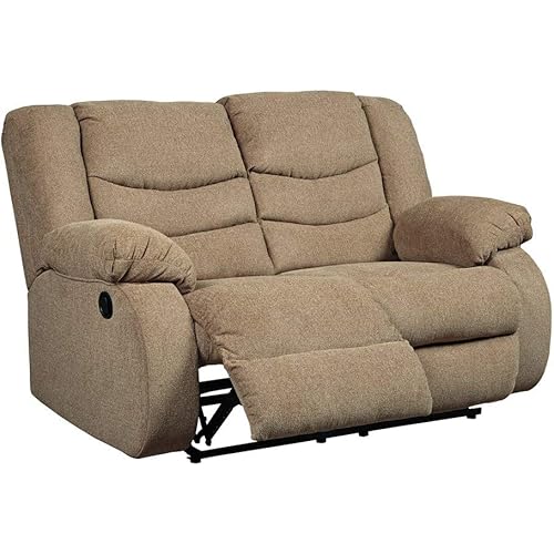 Signature Design by Ashley Tulen Modern Manual Pull Tab Reclining Loveseat, Light Brown