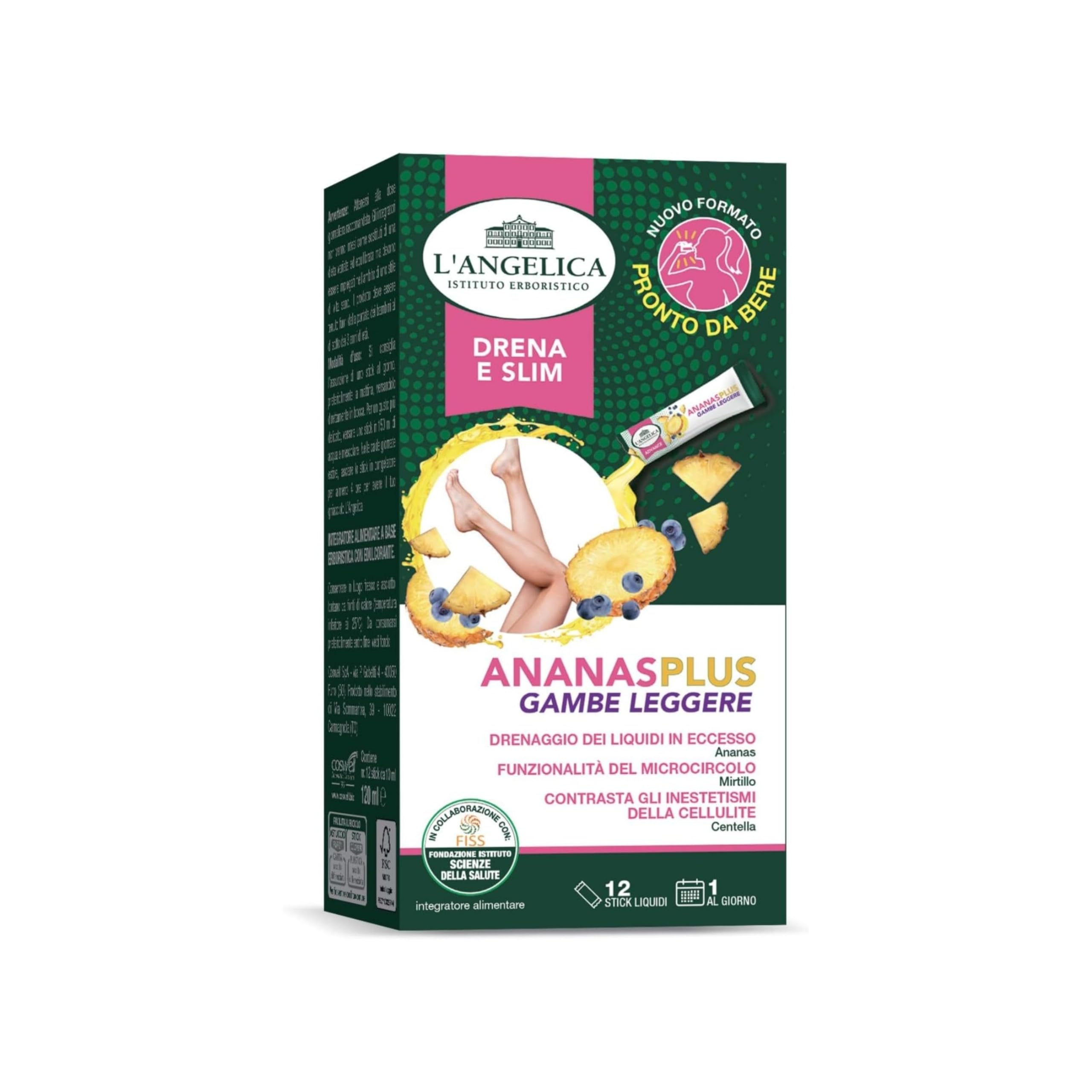 L'Angelica Integratore Ananas Plus Gambe Leggere, Drenante per Favorire la Circolazione, Integratore Anti Cellulite Drenante, Gusto Ananas, 12 Stick Liquidi Pronti da Bere