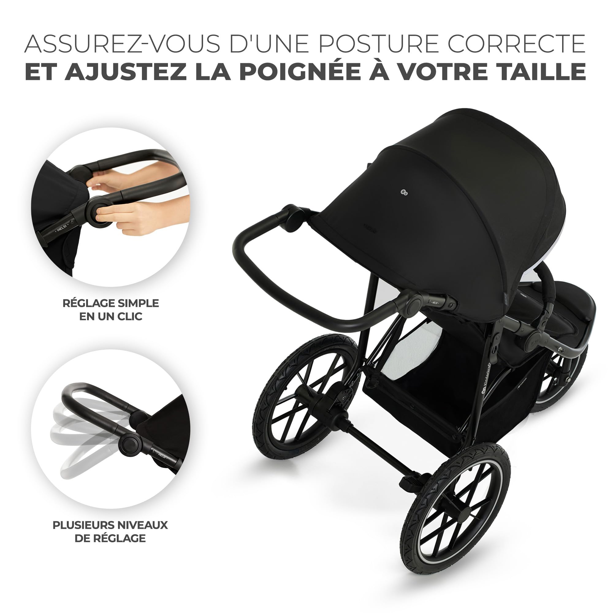 Kinderkraft HELSI 2 Jogger Poussette Sportive 3 Roues Dès La Naissance 22 Kg Réglable Gris