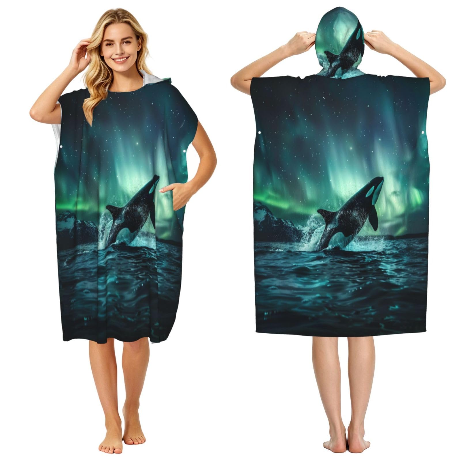 KLGRTJHK Killer Whale Adult Hooded Beach Poncho Towel 43"X35"