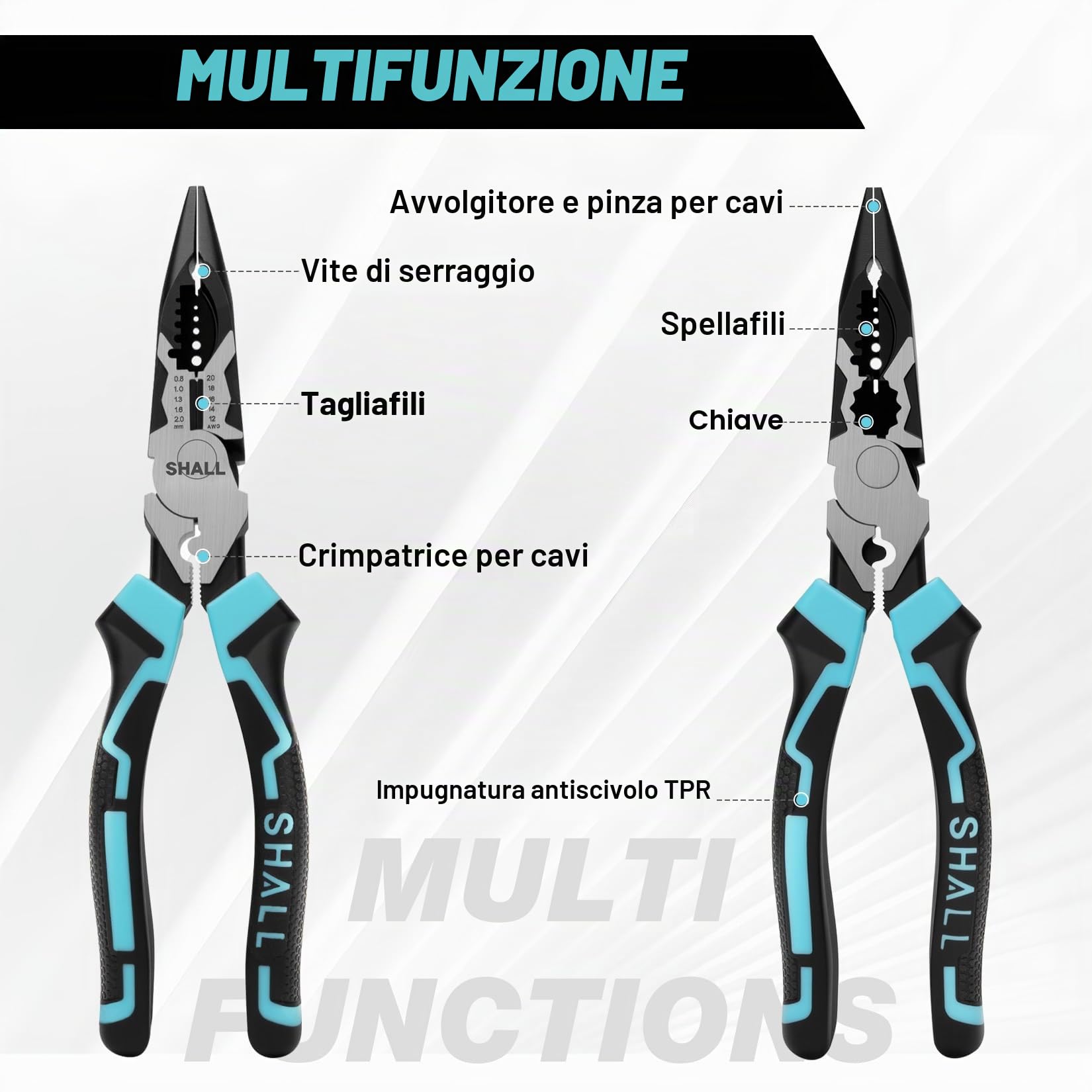 SHALL Pinze a becco lungo da 20,3 cm con spelafili,Spellafili/tagliafili/crimpatrice 7 in 1 per cavi di calibro 20-12 AWG (0,8-2,0 mm).