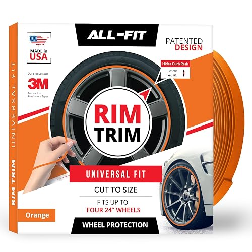 All-Fit Automotive Rim Trim – Fits Up to 4 24" Wheels (3/8″ Width - Orange) | Flexible, Patented Wheel Rim Protector Made in USA – Durable DIY Car Exterior Accessories for Curb Rash Protection