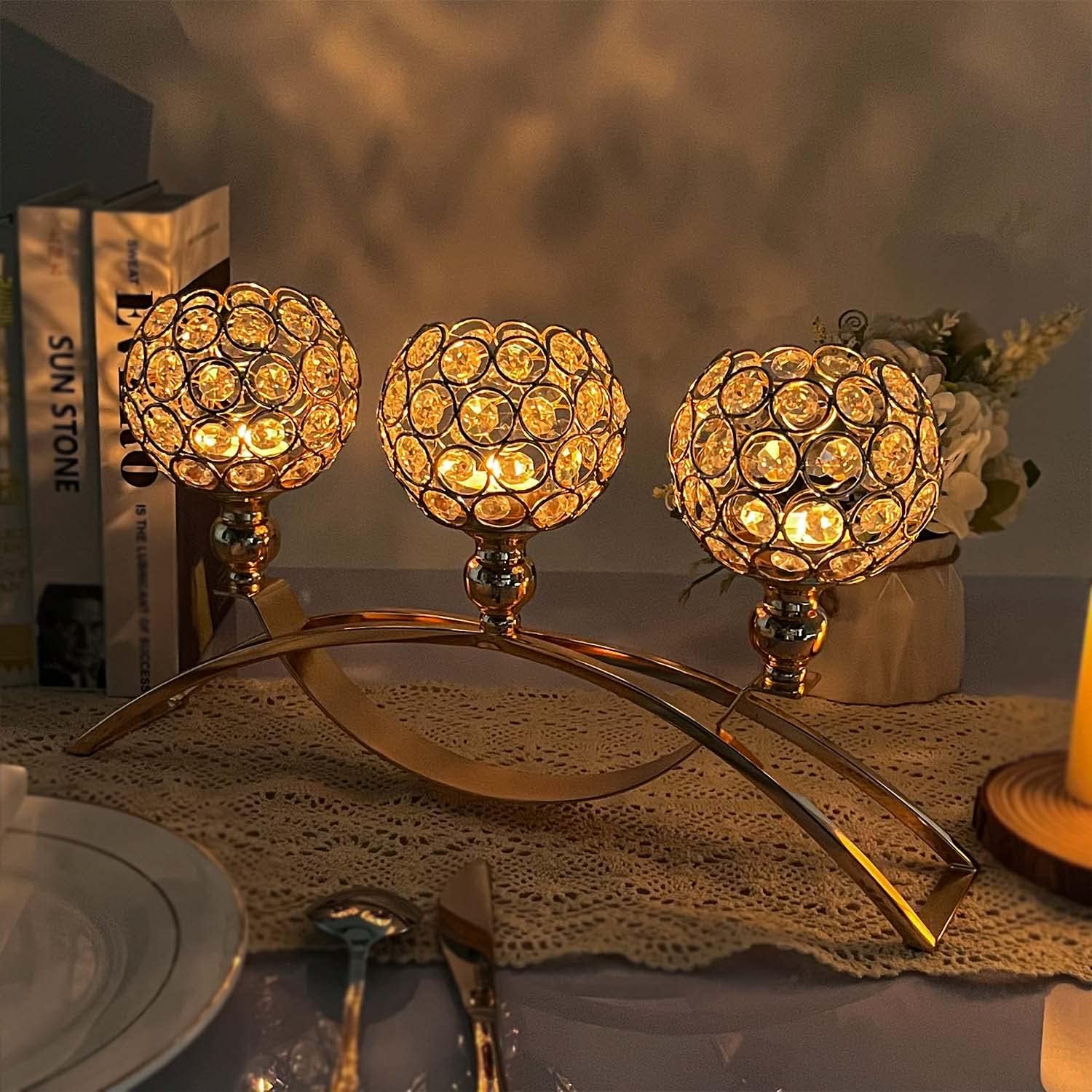 Crystal Candle Holders, Tealight Candlestick Candelabra Stand with 3 Arms,Candle Holder for Wedding Home Decor/Table Centerpiece Party Decoration (Gold)