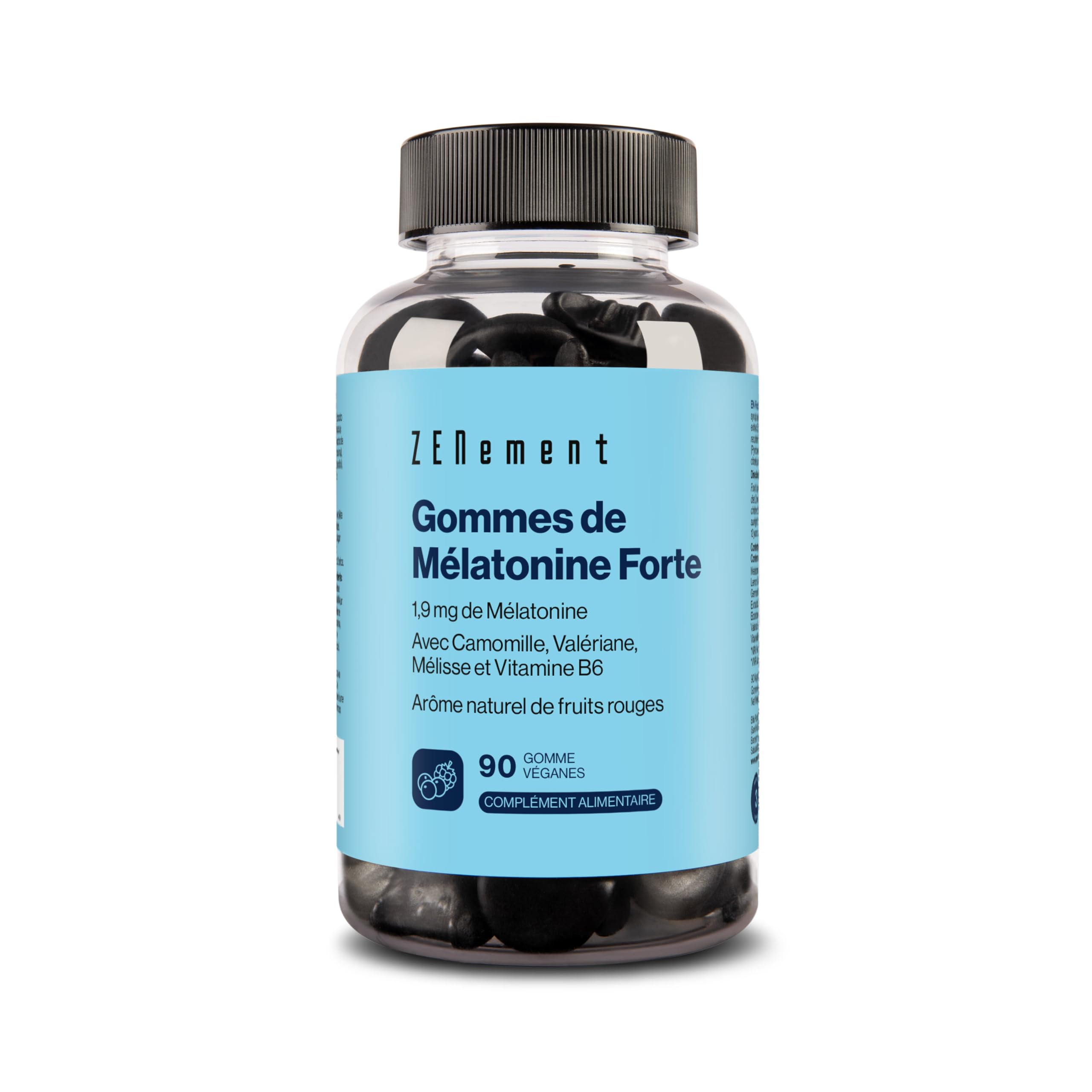 Gummies Mélatonine Forte 1,9 mg – Avec Camomille, Valériane, Mélisse, Sureau & Vitamine B6 – 90 Gommes Véganes pour Dormir – Arôme Naturel Fruits Rouges – Sans Gélatine, Sans Gluten – Zenement