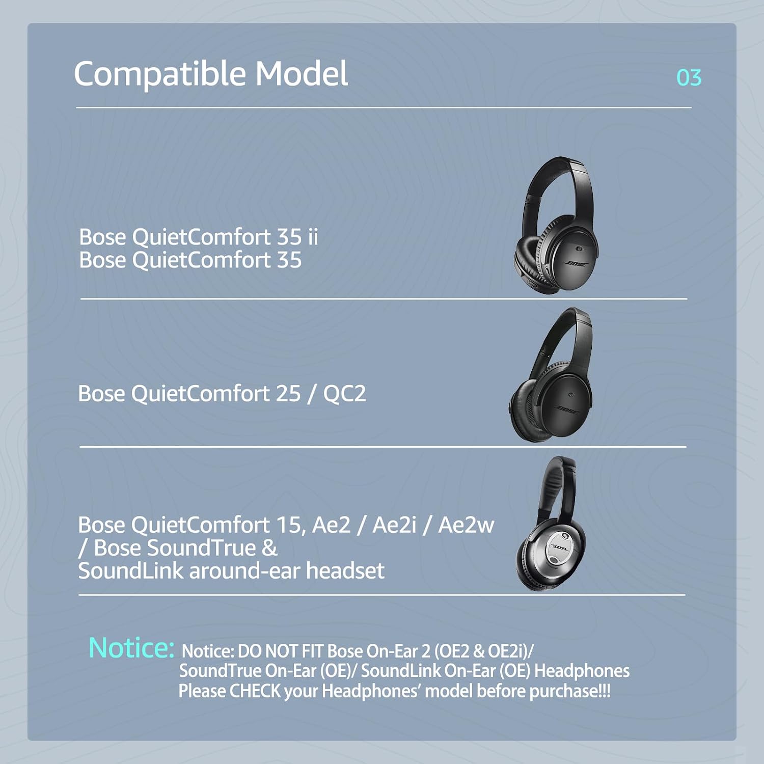 QuietComfort 35 / QC 35ii Replacement Ear Cushions for Bose Headphones, Compatible with Bose QC45 QC35 QC25 QC2 QC15 / Around-Ear 2 AE2 AE2i AE2w / SoundTrue and SoundLink Series (Black & Blue) image 2